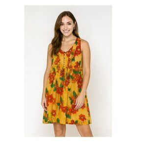 MODAPOSA Dress Womens Medium Yellow Floral Sleeveless Buttoned Pockets Pintuck